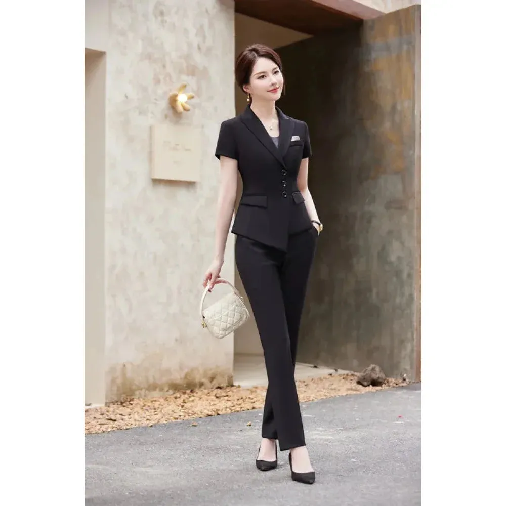 Women's Summer Short Sleeve Slim Blazer Mid Waist Pants Formal 2pcs Suit