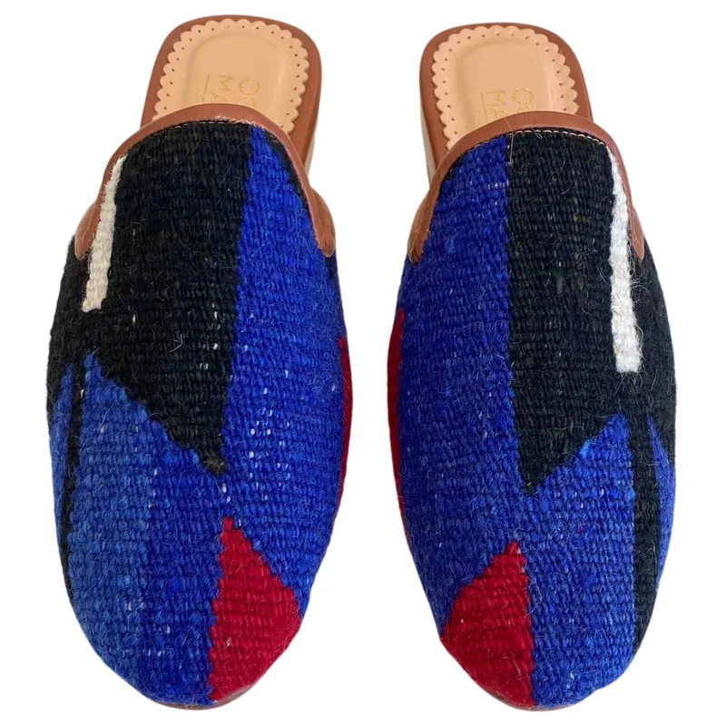 Women's Turkish Kilim Mule Blue & Black with Red