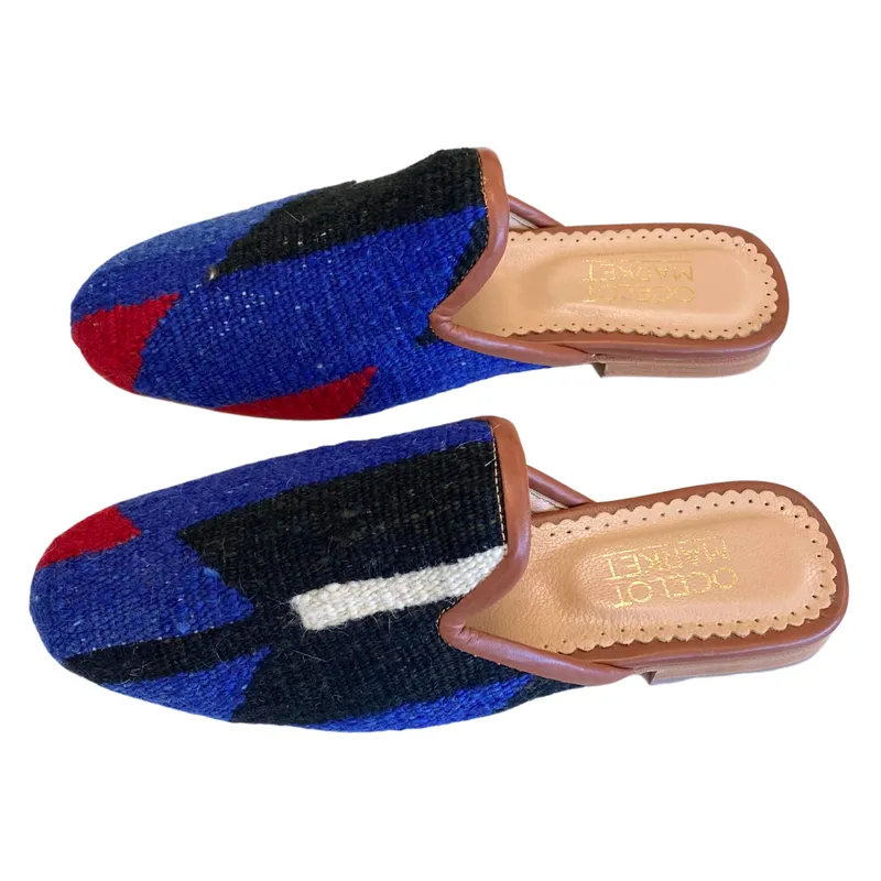 Women's Turkish Kilim Mule Blue & Black with Red