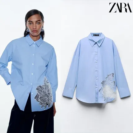 ZARA  |EMBROIDERED FLOWER POPLIN SHIRT