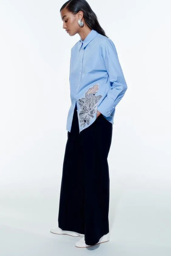 ZARA  |EMBROIDERED FLOWER POPLIN SHIRT