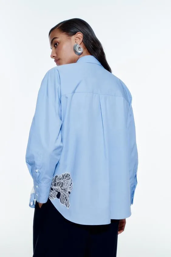 ZARA  |EMBROIDERED FLOWER POPLIN SHIRT