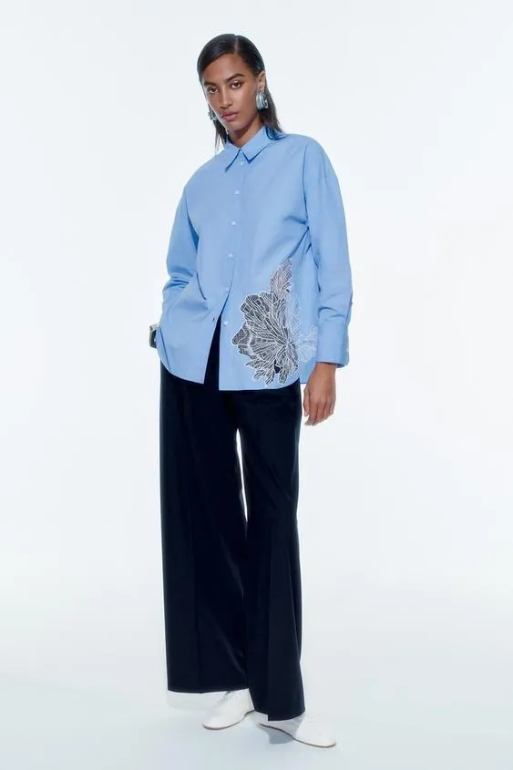 ZARA  |EMBROIDERED FLOWER POPLIN SHIRT