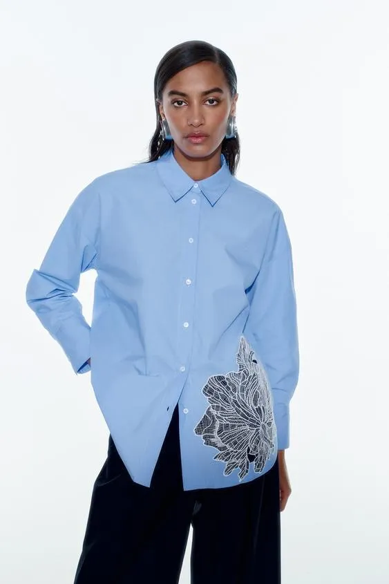 ZARA  |EMBROIDERED FLOWER POPLIN SHIRT